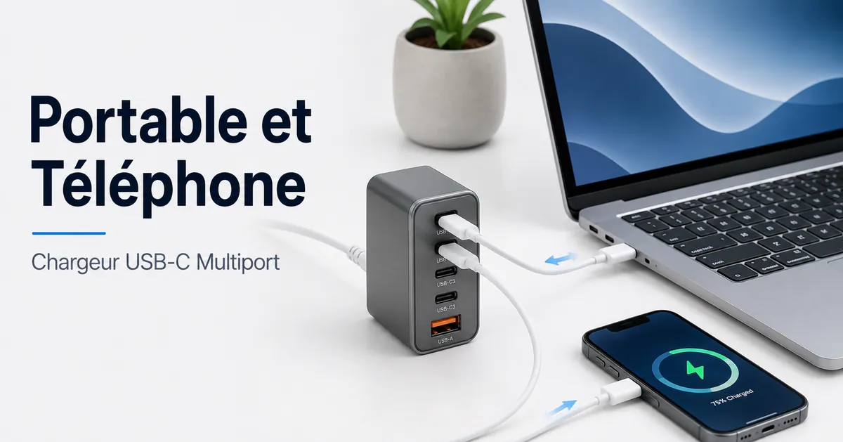 Ordinateur portable et téléphone branchés sur le même chargeur USB-C multiport.