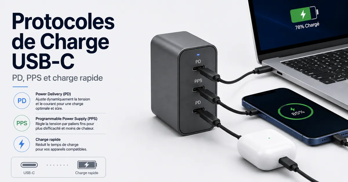 Chargeur USB-C multiport avec libellés de protocoles de charge rapide et appareils connectés.