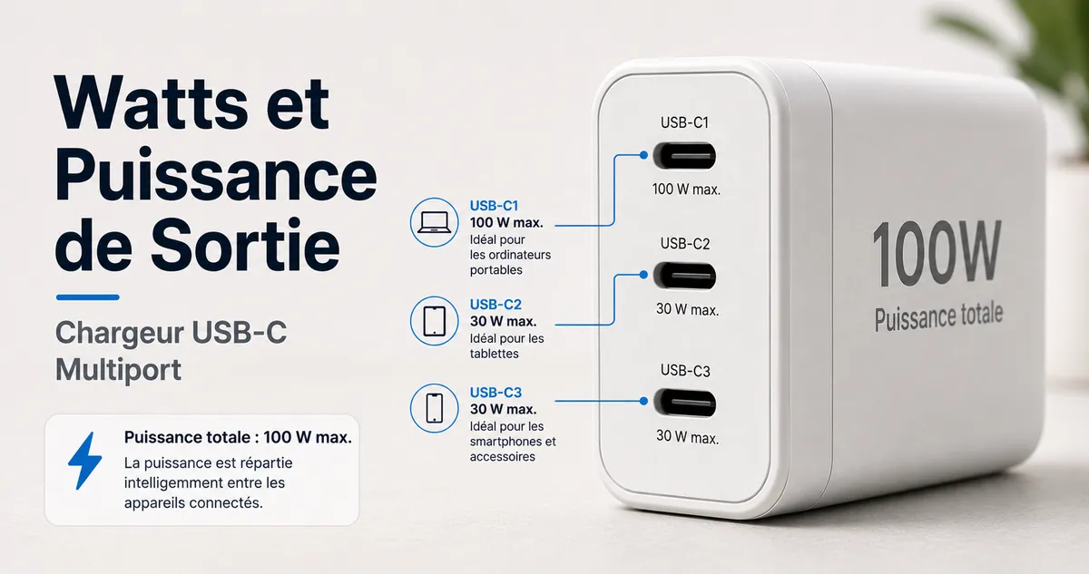 Gros plan d’un chargeur USB-C multiport avec indications de watts et de puissance de sortie.