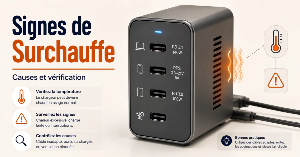 Chargeur USB-C multiport chaud avec signes d’alerte pour vérifier une surchauffe.