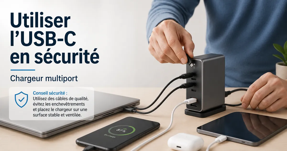 Personne branchant des appareils à un chargeur USB-C multiport en toute sécurité.