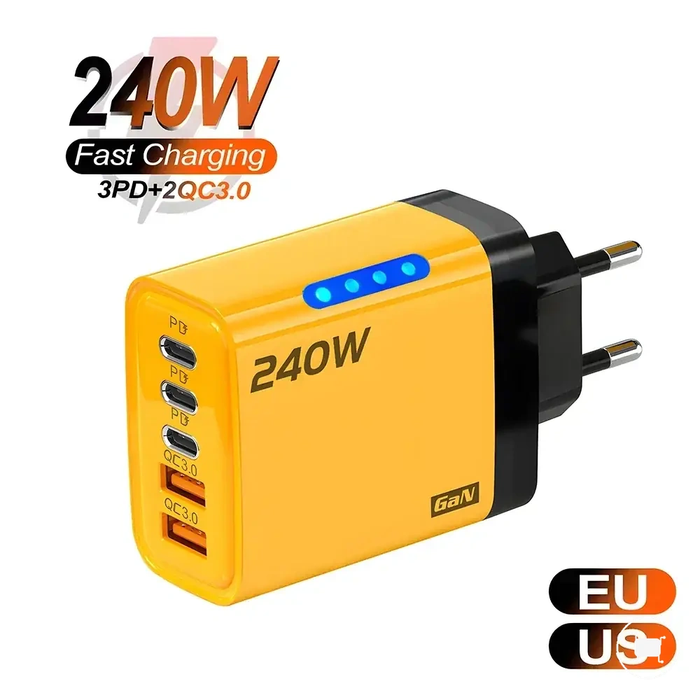 Carregador de mesa GaN 5 em 1 240W com 3PD e 2 portas USB.