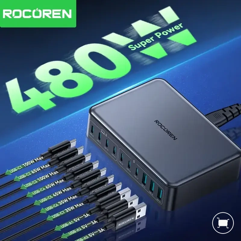 Estação de carregamento USB-C 480W com 10 portas para vários dispositivos de mesa.
