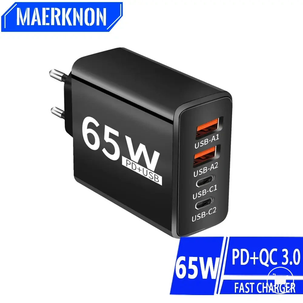 Carregador USB-C de parede 65W com 4 portas, QC3.0 e plugue EU ou US.