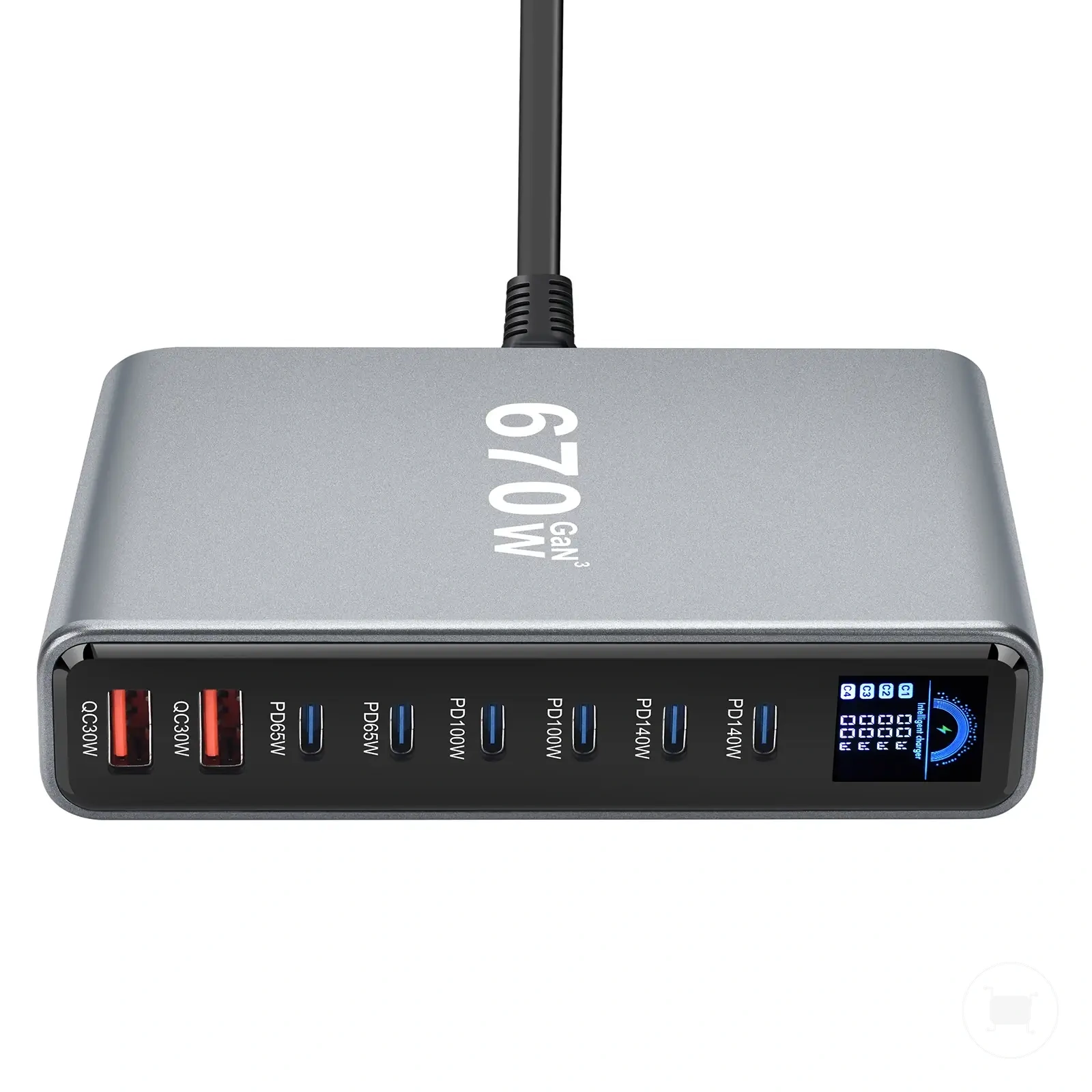 Estação de carregamento GaN de mesa 670W com 8 portas para celulares e tablets.