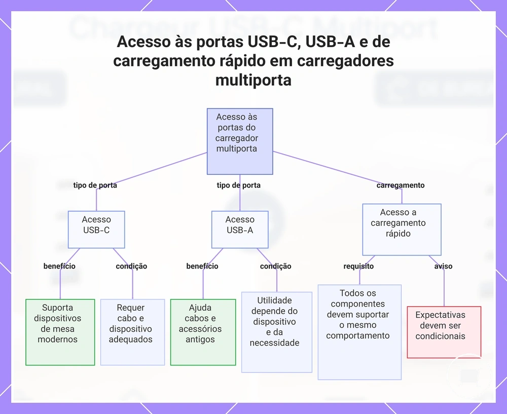 Acesso às portas USB-C, USB-A e de carregamento rápido em carregadores multiporta