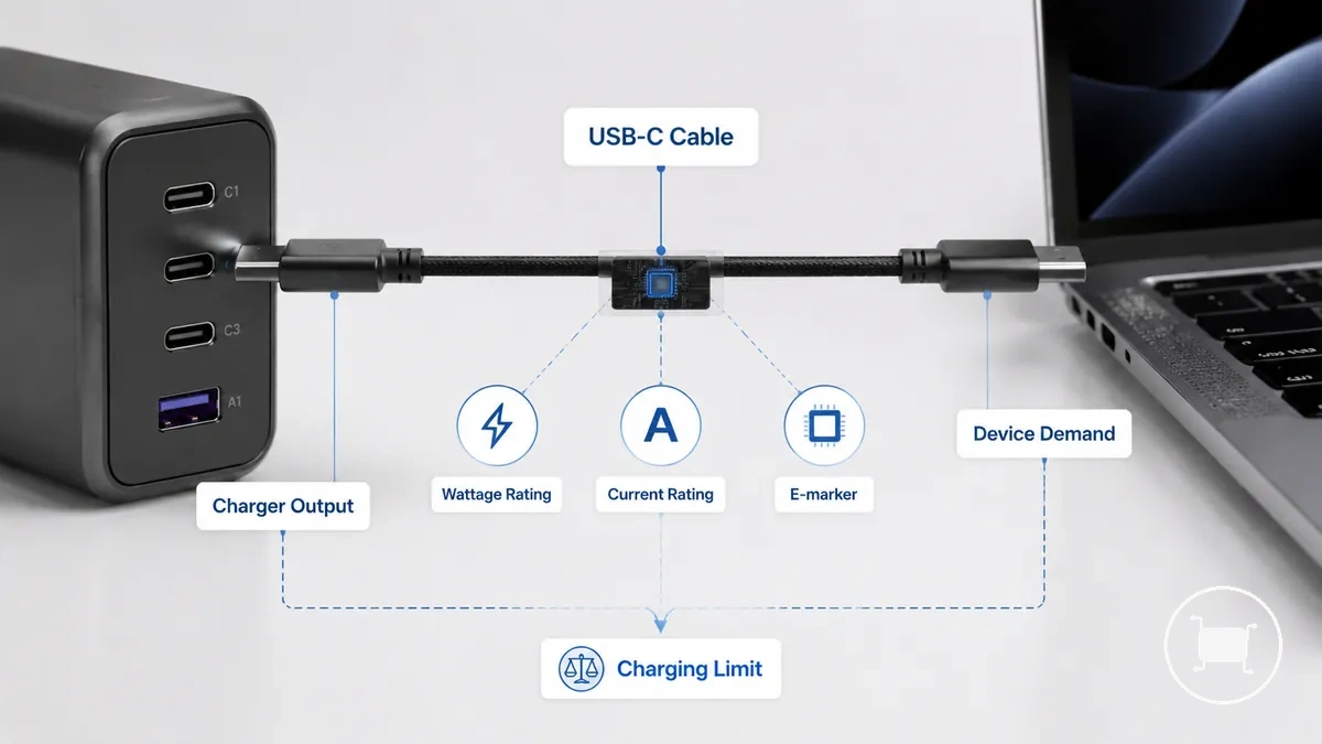 Diagrama de classificação de potência de cabo USB-C e E-marker mostrando como a capacidade do cabo afeta a saída de carregamento