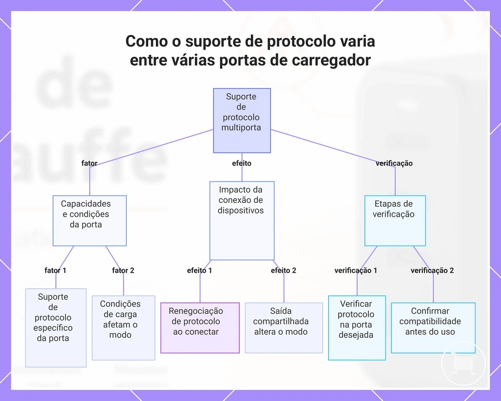 Como o suporte de protocolo varia entre várias portas de carregador