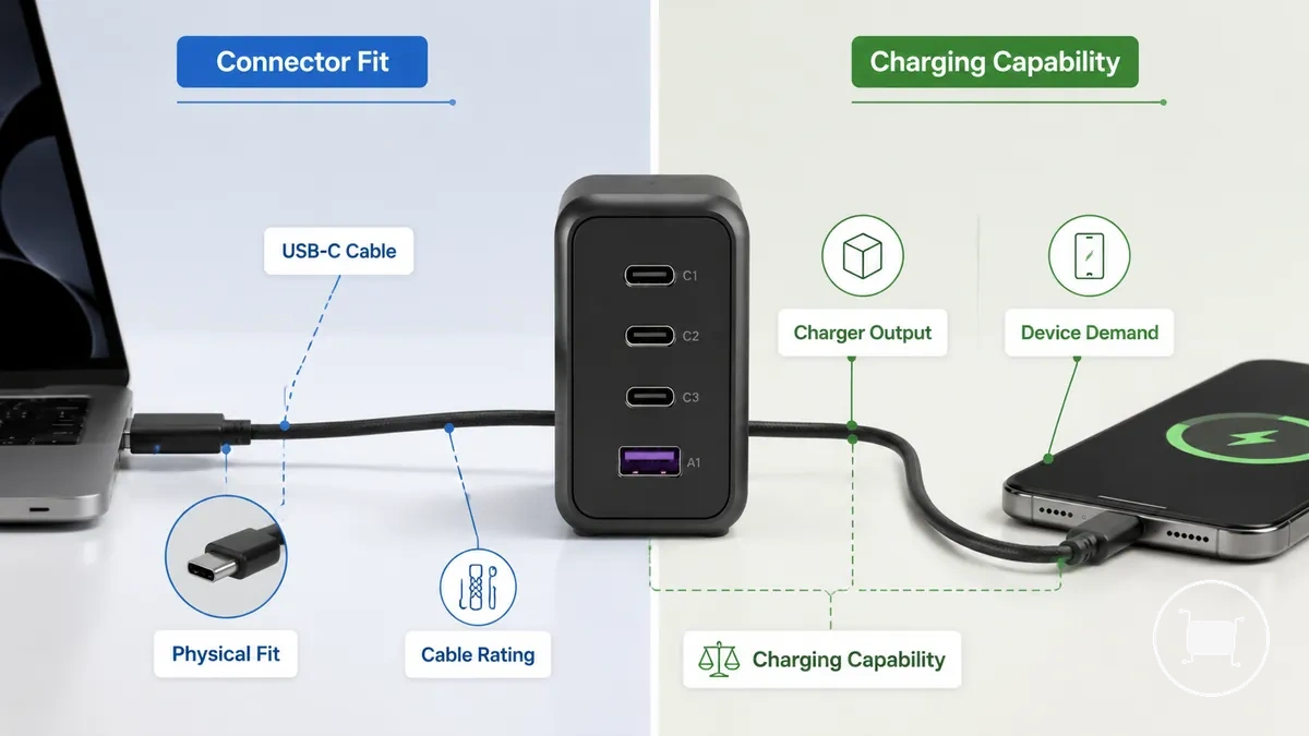 Diagrama de compatibilidade de cabos USB-C mostrando encaixe do conector, capacidade do cabo, saída do carregador e demanda do dispositivo