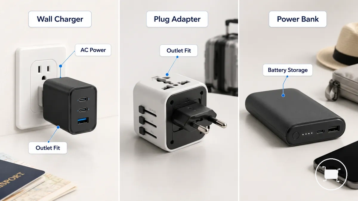 Comparação das funções do carregador de viagem, adaptador de plugue e power bank