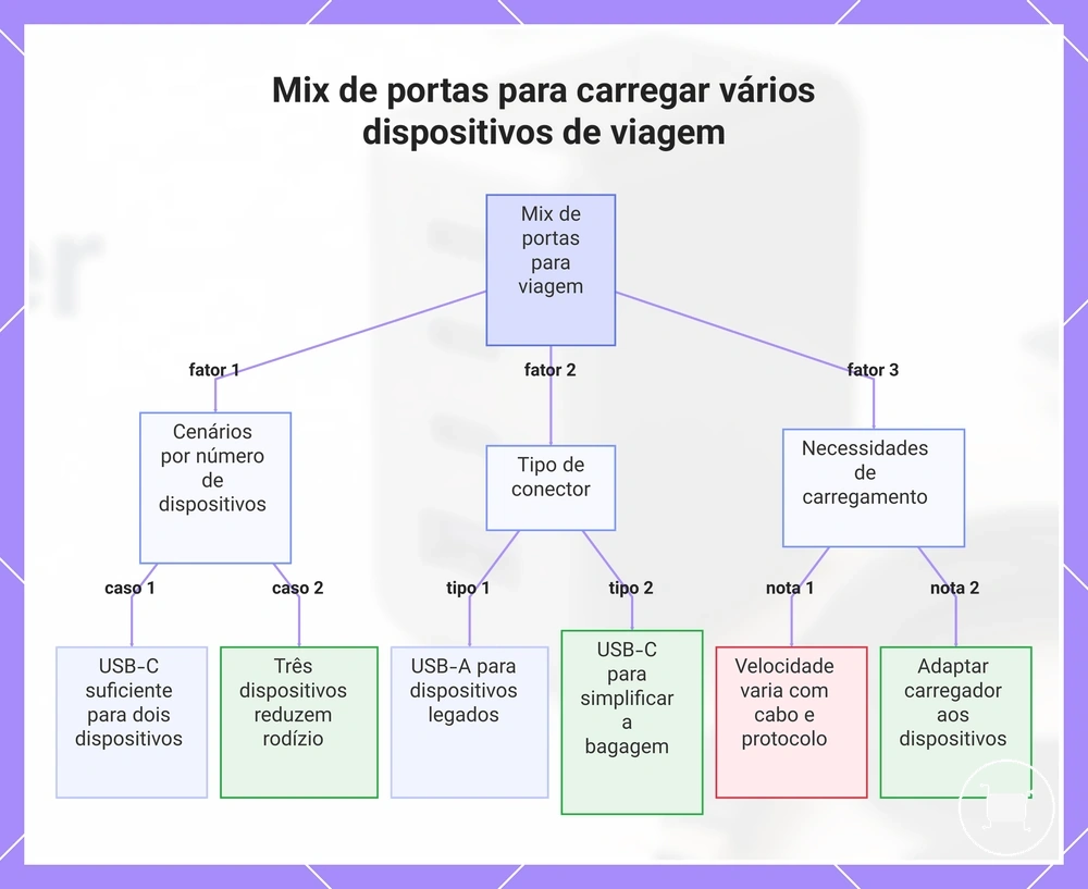 Mix de portas para carregar vários dispositivos de viagem