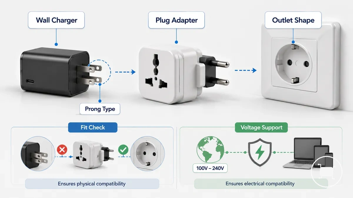 Incompatibilidade dos pinos do carregador USB-C de parede com a tomada do destino, exigindo adaptador de plugue