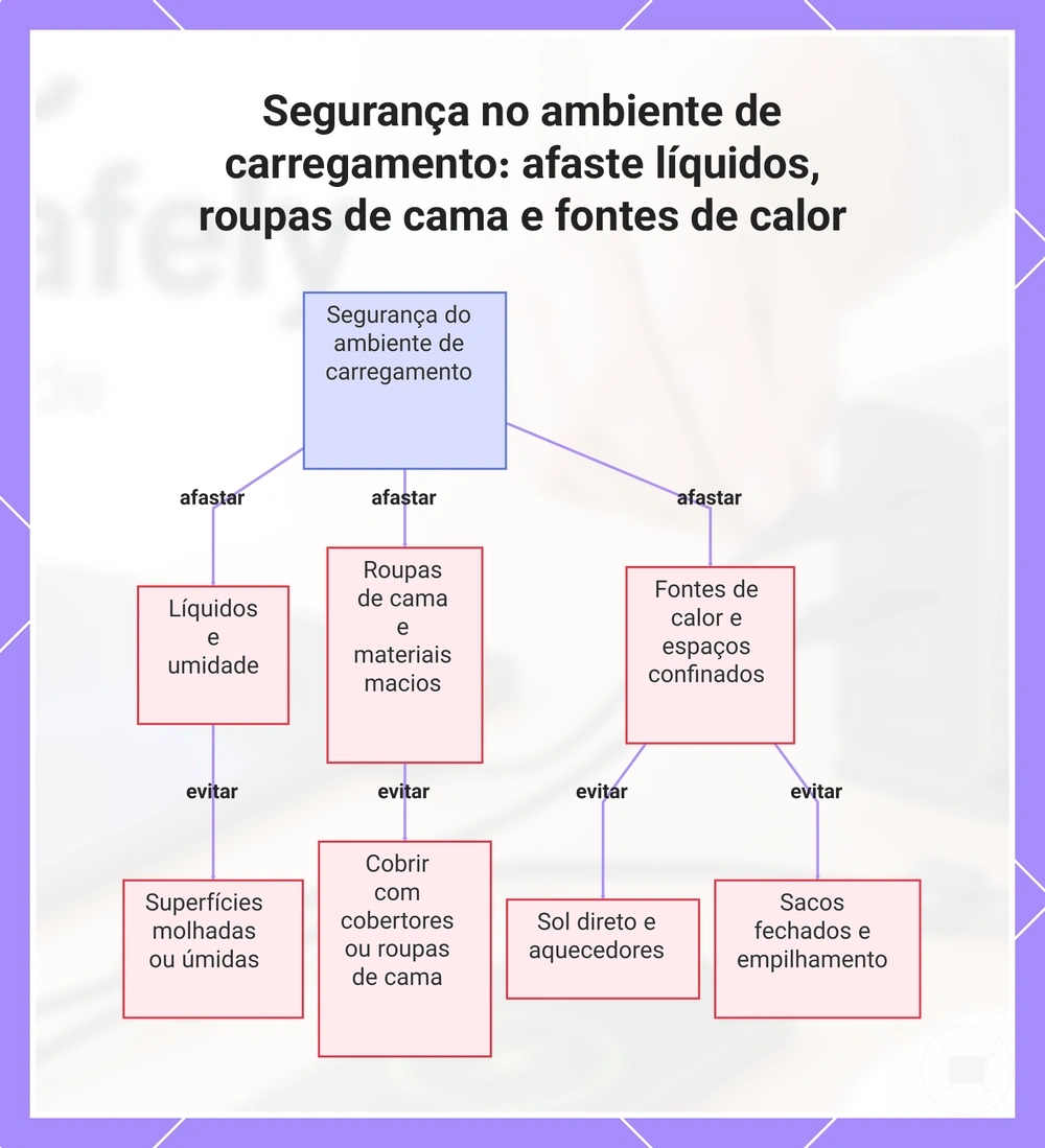 Segurança no ambiente de carregamento: afaste líquidos, roupas de cama e fontes de calor