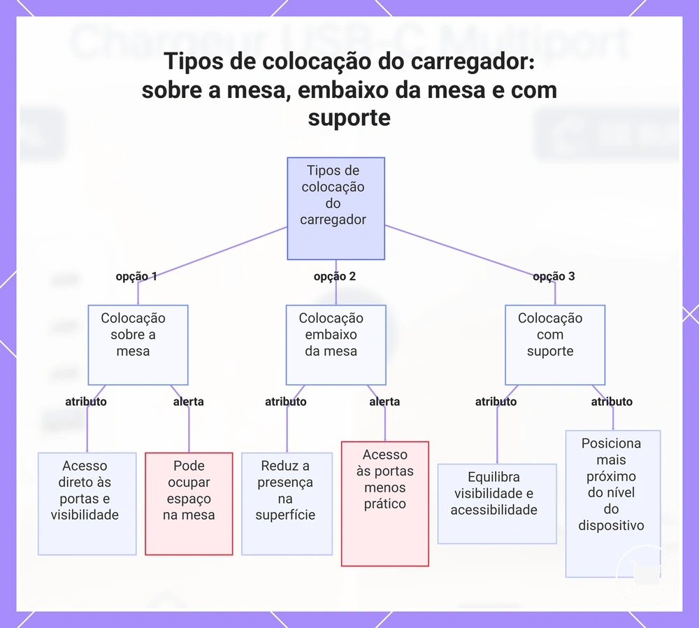 Tipos de colocação do carregador: sobre a mesa, embaixo da mesa e com suporte