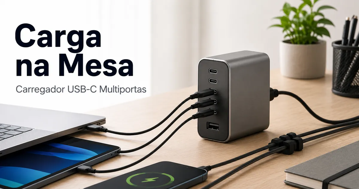 Mesa com carregador USB-C multiportas e cabos organizados.