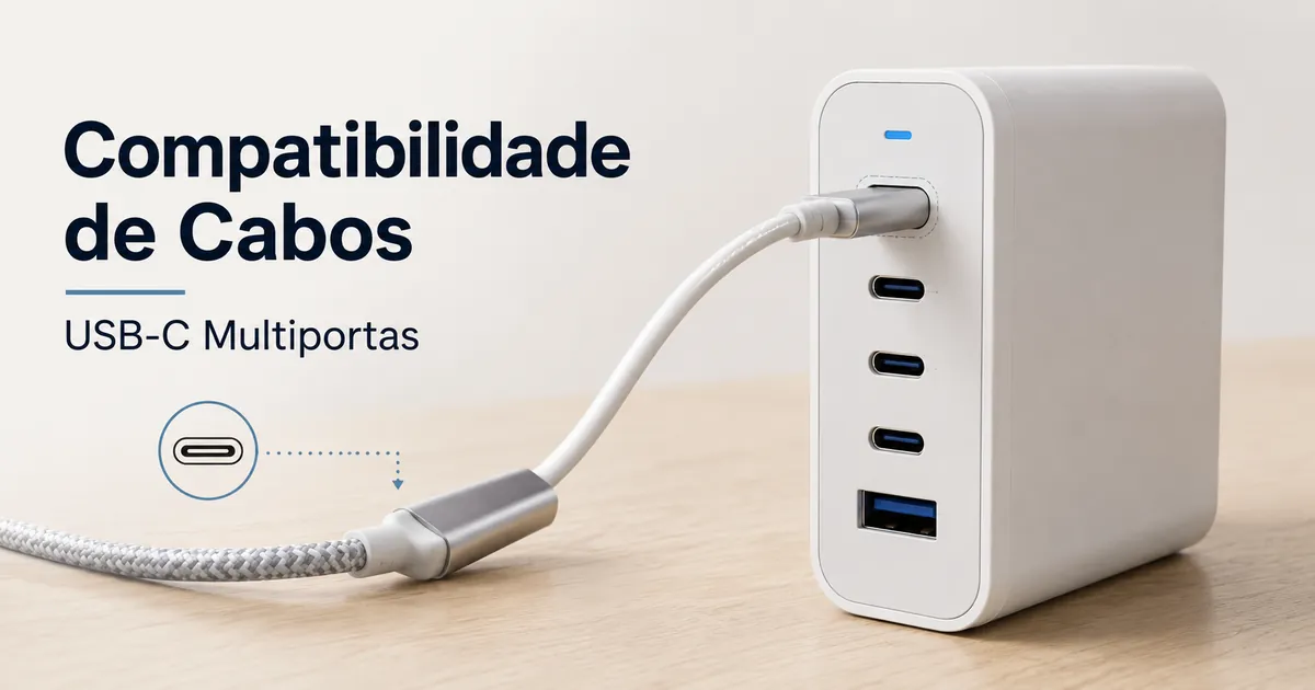 Cabo de carregamento USB-C conectado a um carregador USB-C multiportas.