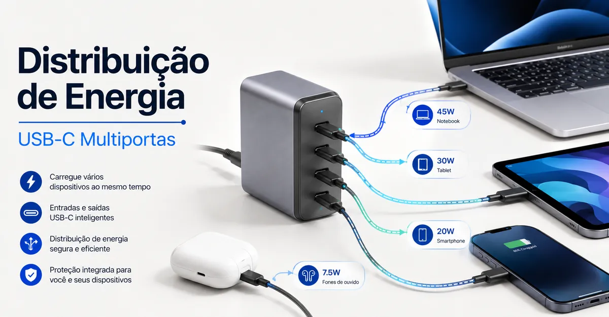 Carregador USB-C multiportas alimentando vários dispositivos pelas portas compartilhadas.