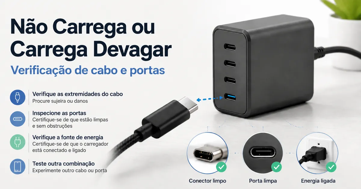 Cena de diagnóstico de um carregador USB-C multiportas com verificação de cabo e portas.