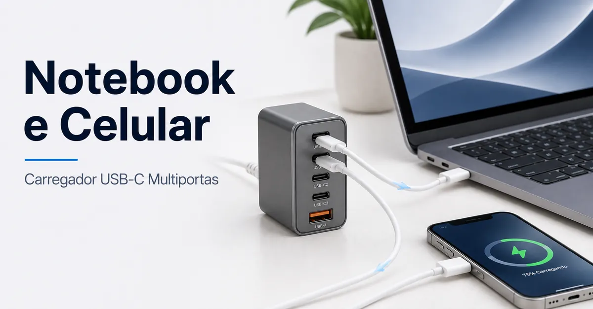 Notebook e celular conectados ao mesmo carregador USB-C multiportas.