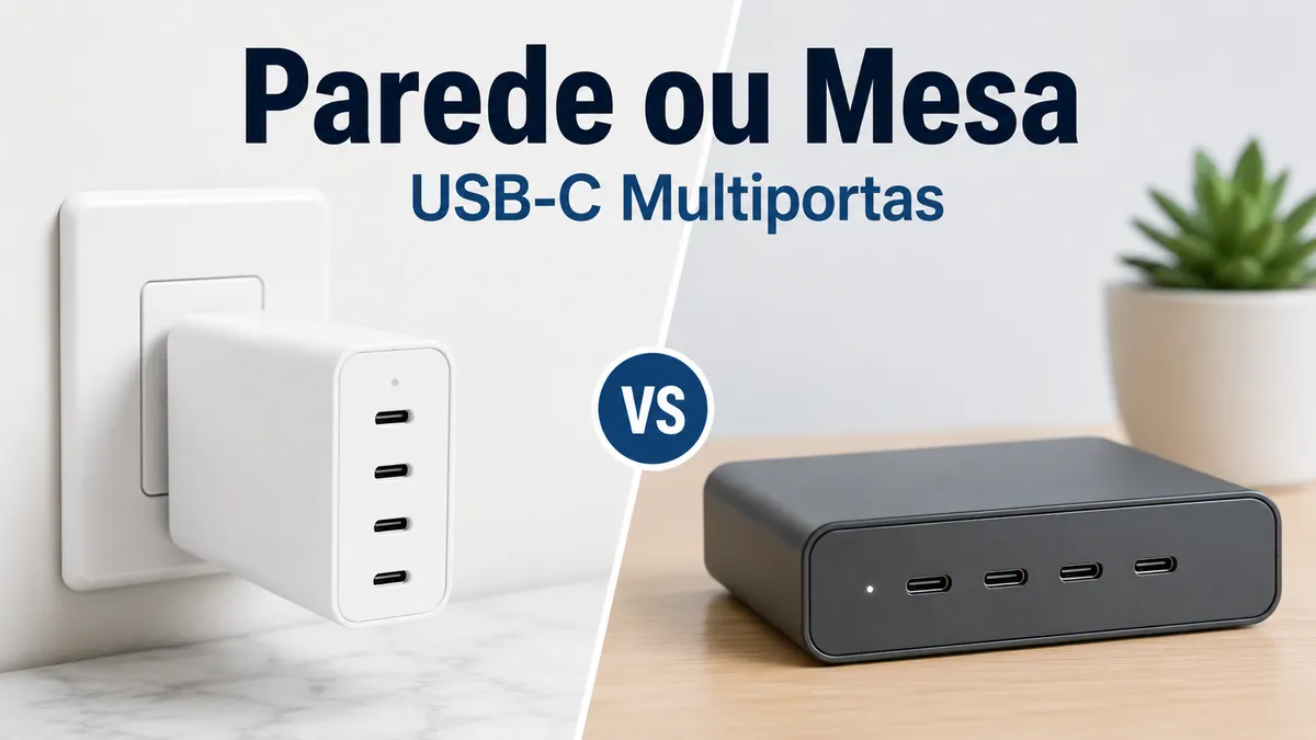 Carregadores USB-C multiportas de parede e de mesa lado a lado.