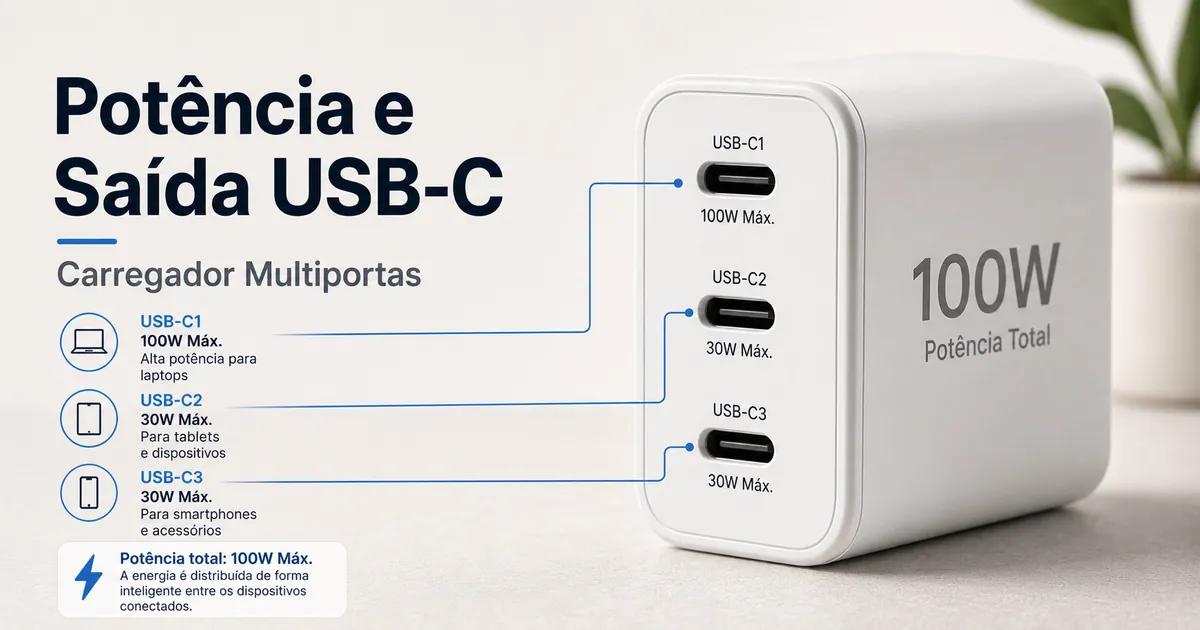 Detalhe de um carregador USB-C multiportas com indicações de potência e saída.