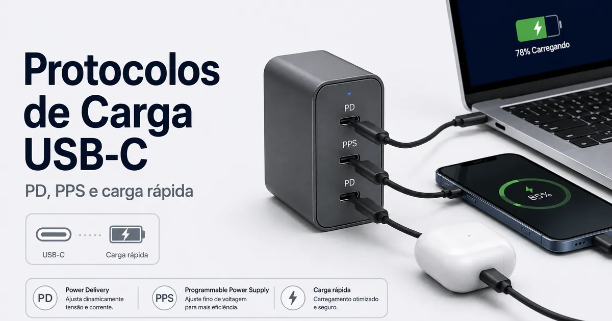 Carregador USB-C multiportas com etiquetas de protocolos de carga rápida e dispositivos conectados.