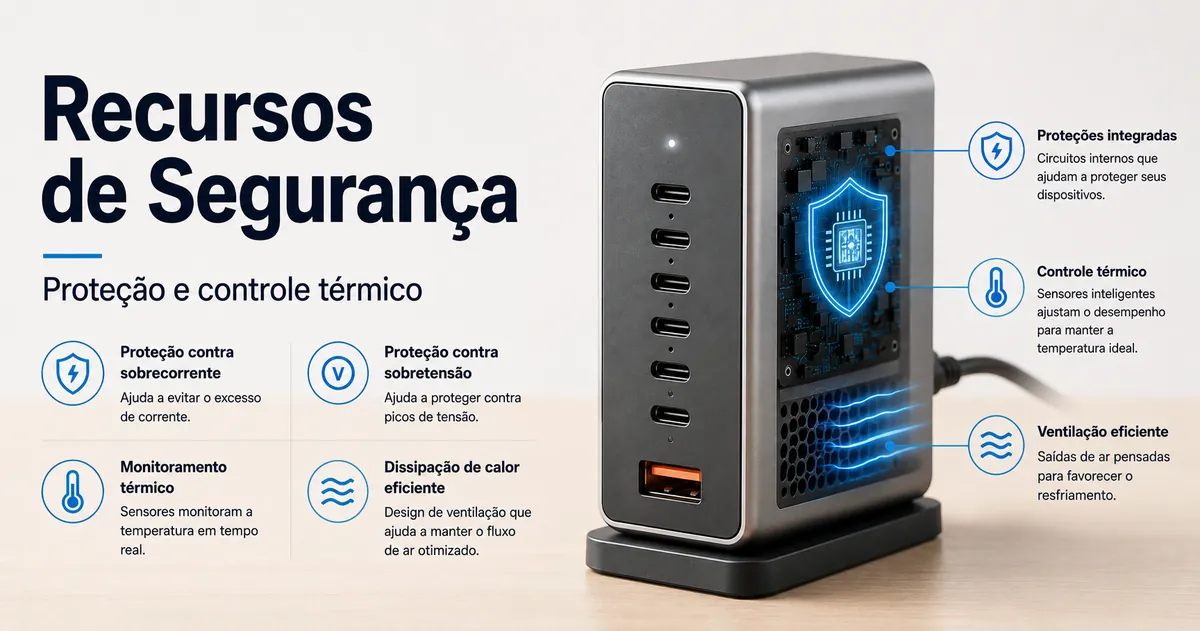 Carregador USB-C multiportas com detalhes visíveis de proteção e controle térmico.
