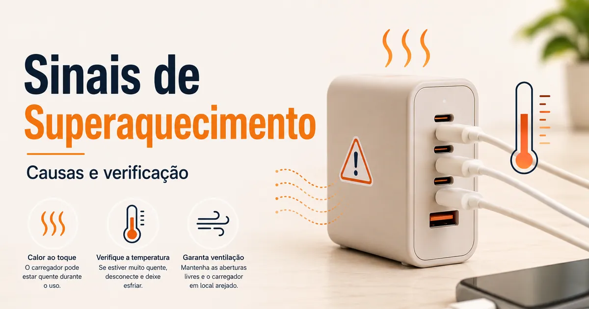 Carregador USB-C multiportas aquecido com sinais para verificar possível superaquecimento.