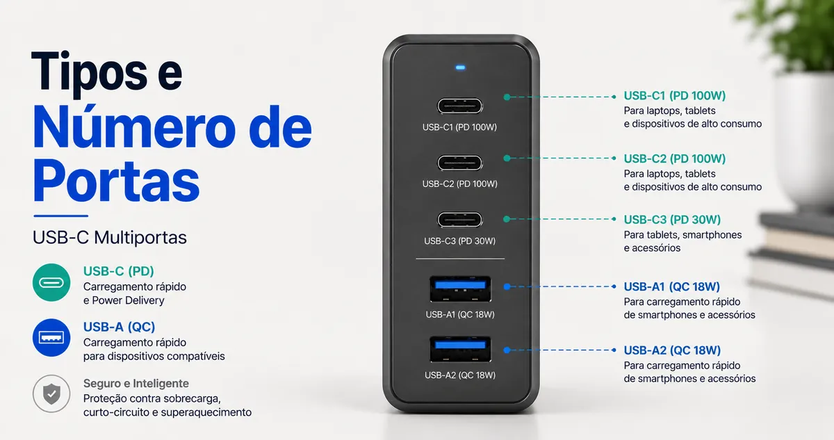 Vista frontal de um carregador USB-C multiportas com diferentes portas USB-C e USB-A.