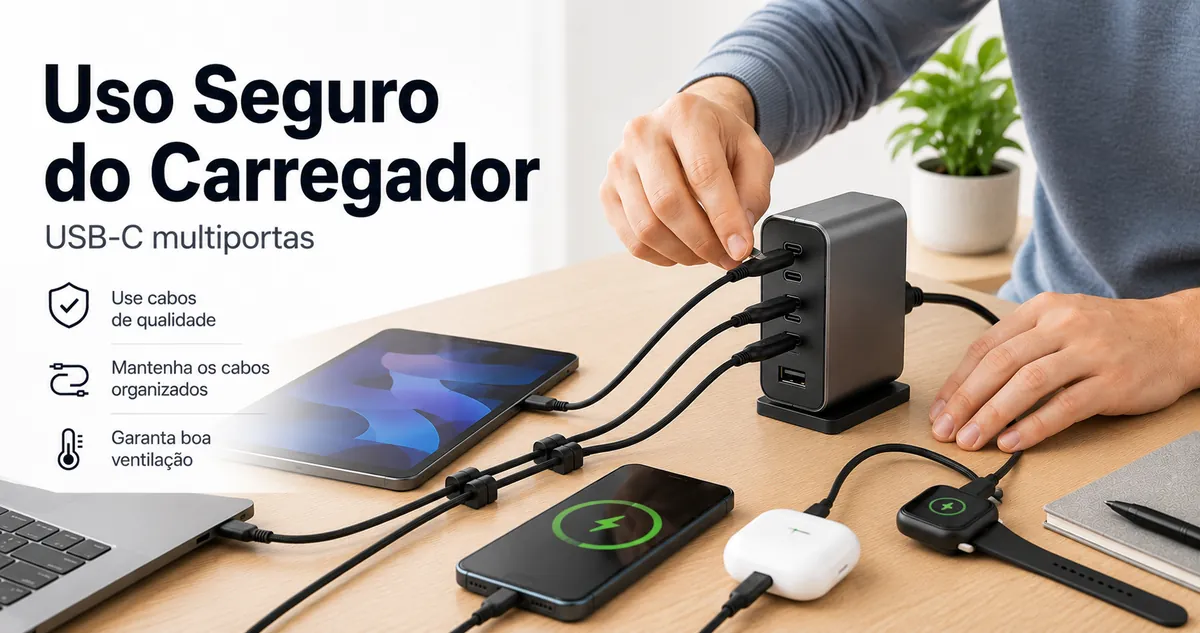 Pessoa conectando dispositivos a um carregador USB-C multiportas com segurança.