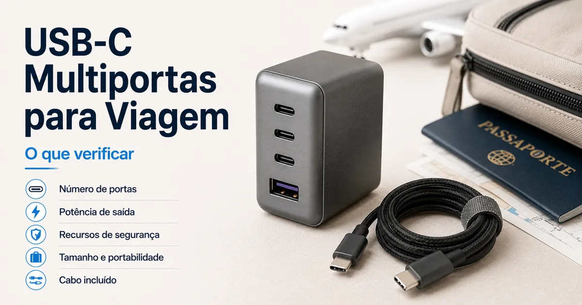Carregador USB-C multiportas compacto preparado para carregar dispositivos em viagem.