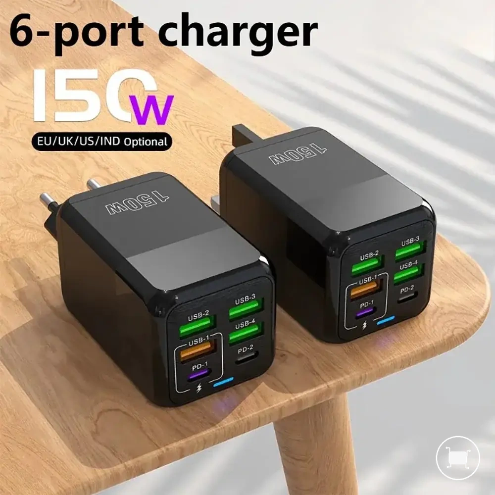 PD ve Quick Charge 3.0 desteğine sahip 150W 6 portlu USB şarj adaptörü.