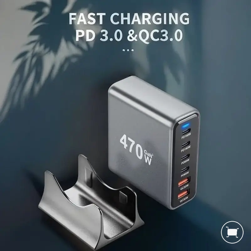 4C2A çok portlu düzene sahip 470W 6 portlu GaN masaüstü şarj cihazı.
