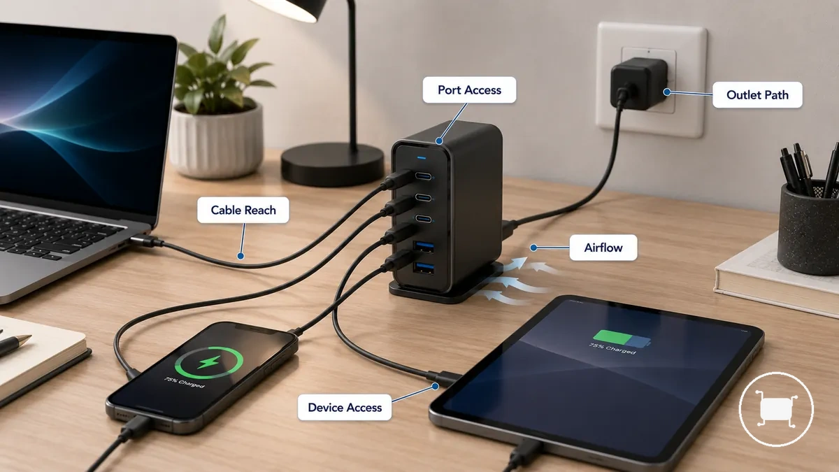 Kolay masa erişimi için konumlandırılmış çok portlu USB-C şarj cihazı