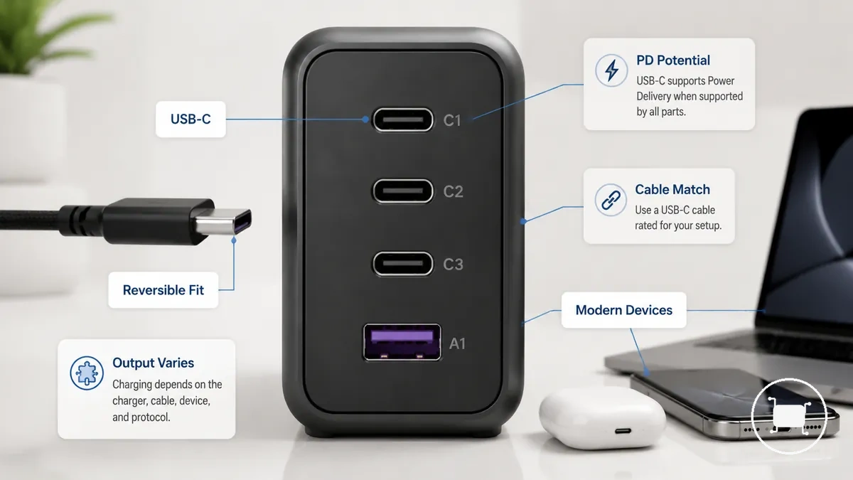Çok portlu bir şarj cihazında ana modern bağlantı olarak gösterilen USB-C portu