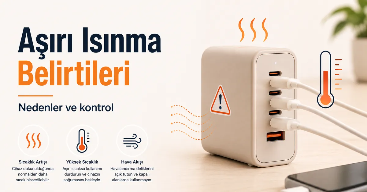 Aşırı ısınma kontrolü için uyarı işaretleriyle sıcak çok portlu USB-C şarj cihazı.