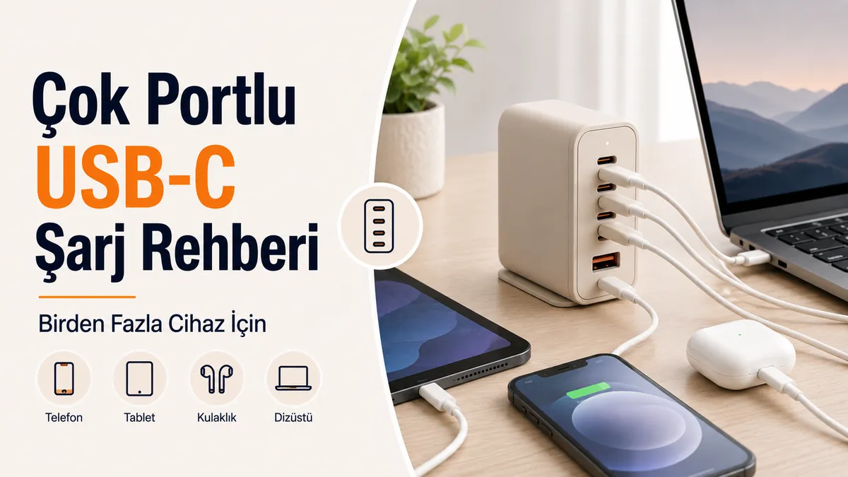 Günlük şarj için birden fazla cihaza bağlı çok portlu USB-C şarj cihazı.