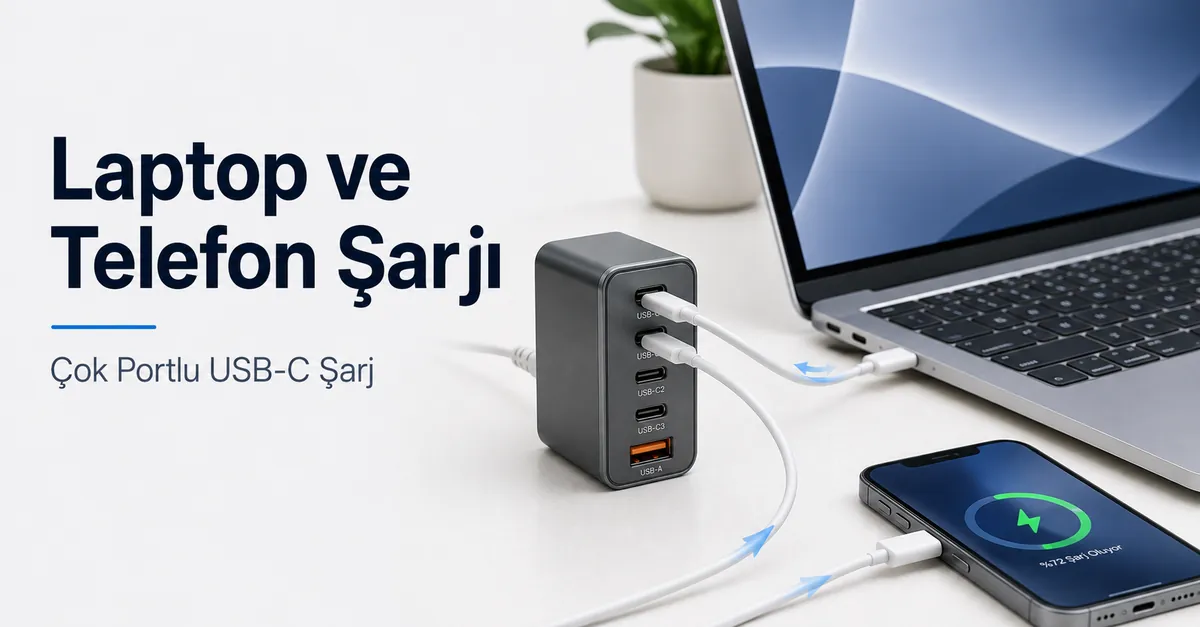 Aynı çok portlu USB-C şarj cihazına bağlı dizüstü bilgisayar ve telefon.