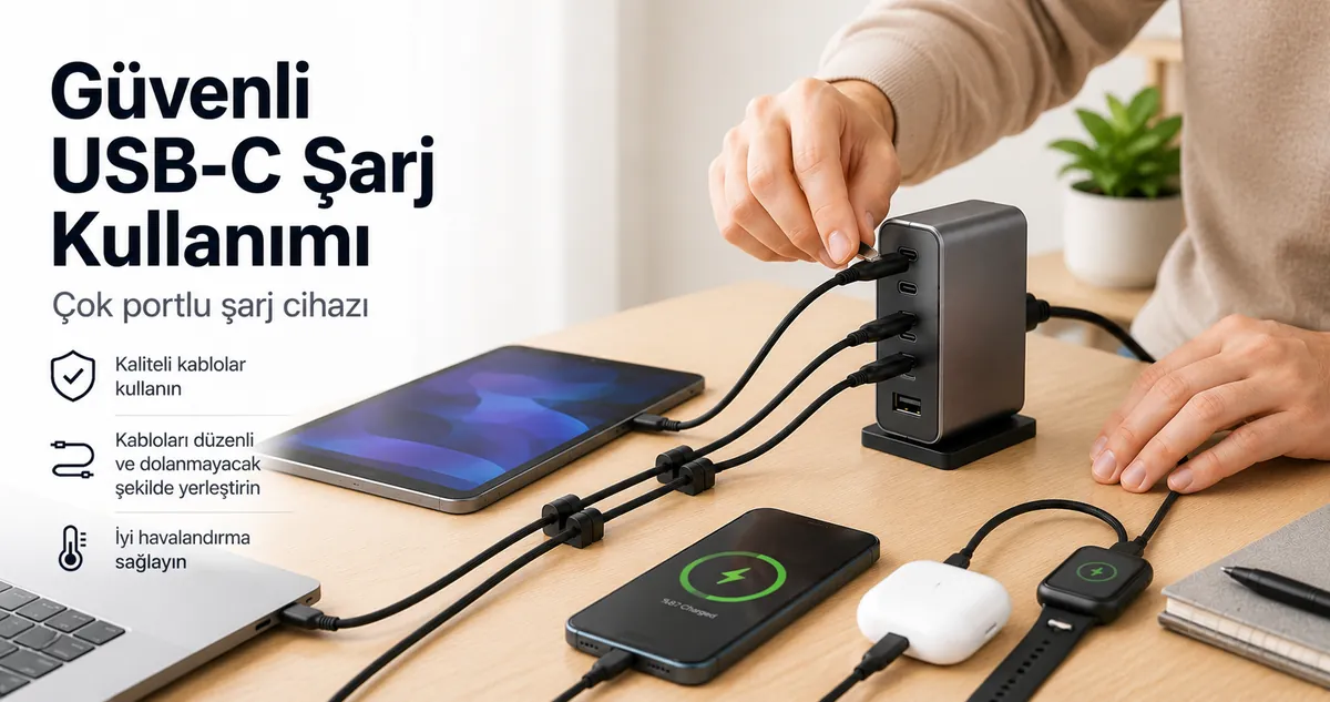 Cihazları çok portlu USB-C şarj cihazına güvenli şekilde bağlayan kişi.