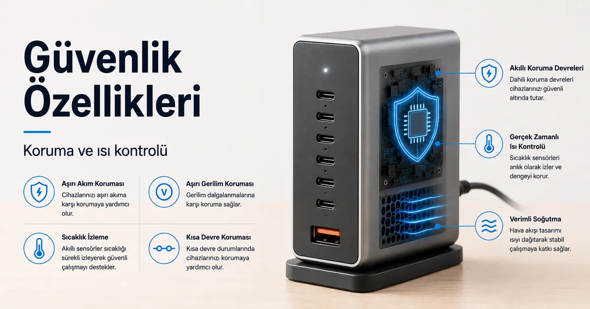 Koruma ve ısı kontrolü ayrıntıları görünen çok portlu USB-C şarj cihazı.