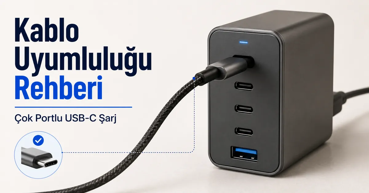 Çok portlu USB-C şarj cihazına bağlı USB-C şarj kablosu.