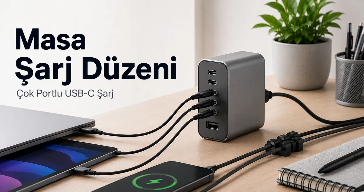 Kabloları düzenlenmiş bir masada kullanılan çok portlu USB-C şarj cihazı.