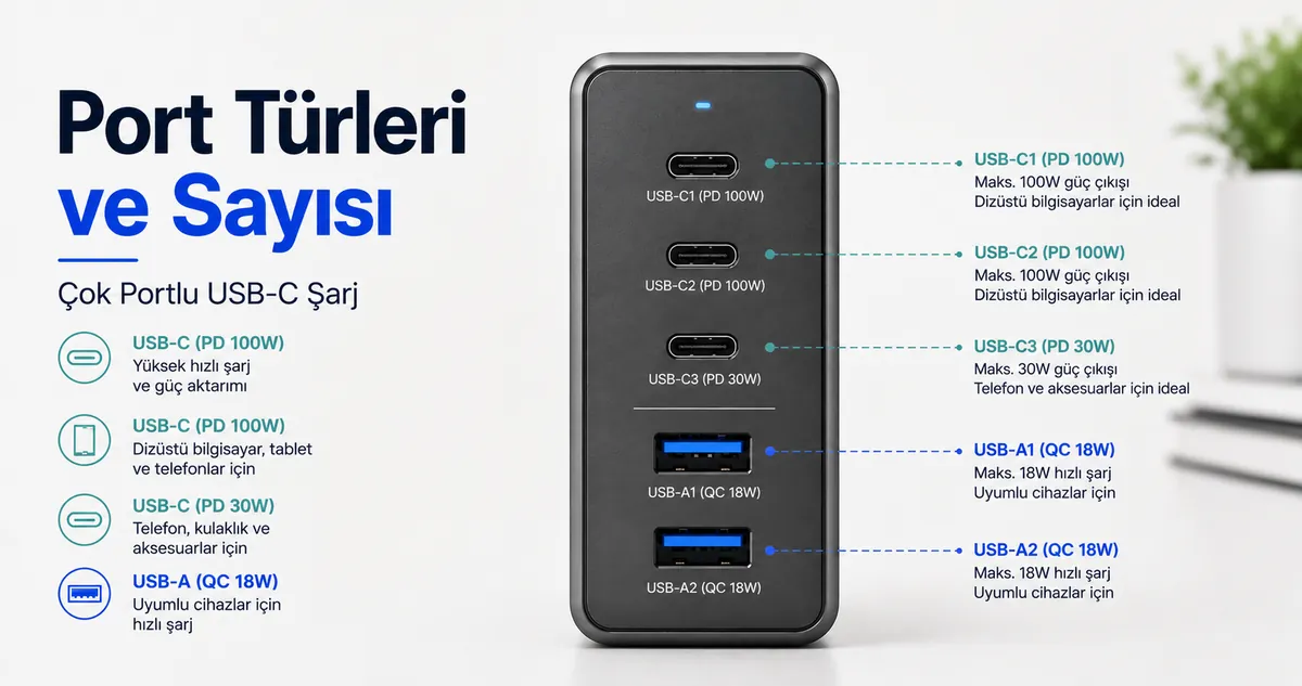 Farklı USB-C ve USB-A portları görünen çok portlu USB-C şarj cihazının ön yüzü.