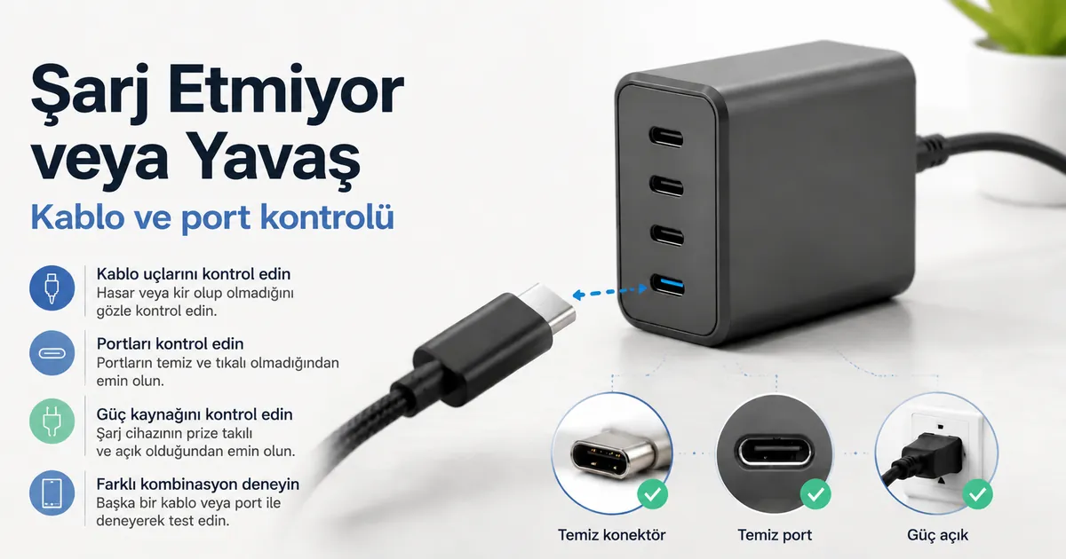 Kablo ve port kontrolleriyle çok portlu USB-C şarj cihazı sorun giderme sahnesi.