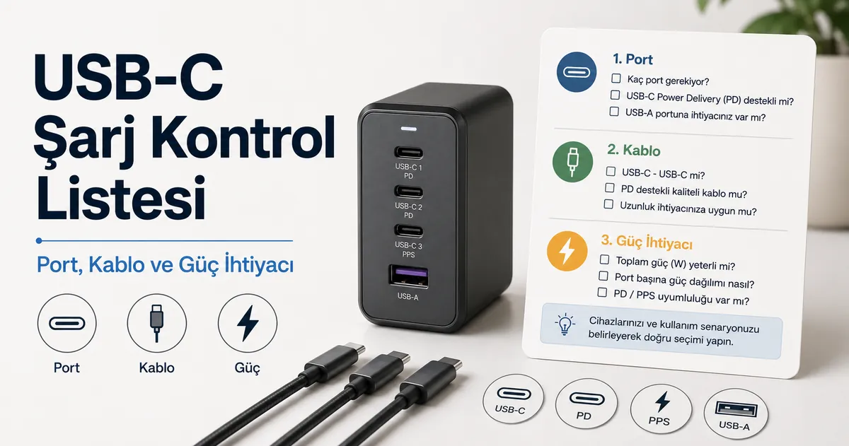 Port, kablo ve güç ihtiyacına göre çok portlu USB-C şarj cihazı seçme kontrol listesi.