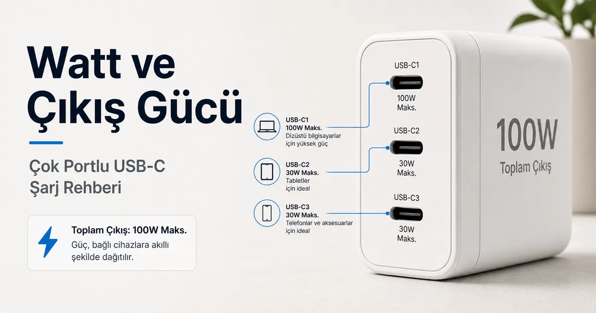 Watt ve çıkış gücü etiketleri görünen çok portlu USB-C şarj cihazı yakın planı.